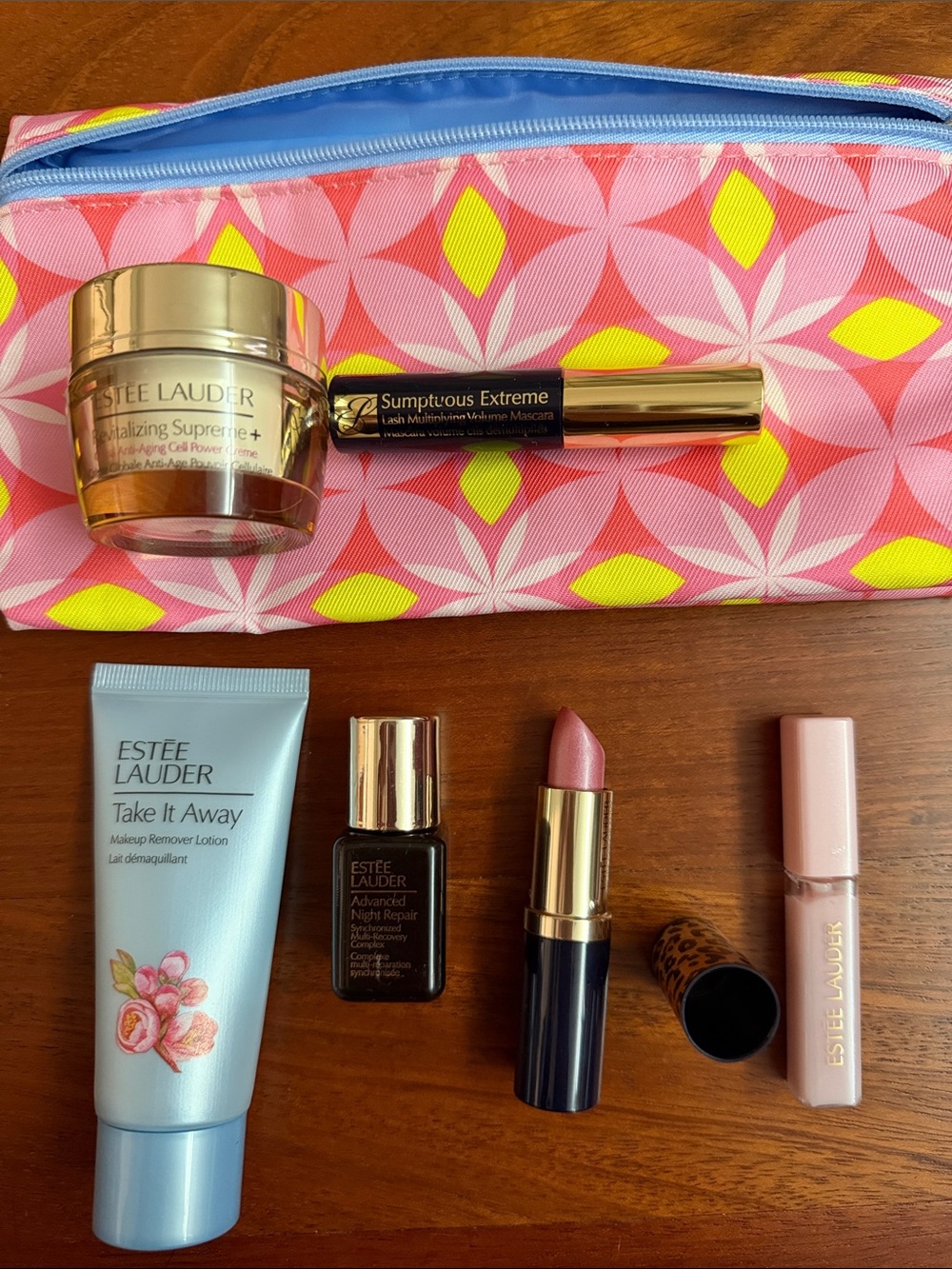 Estee Lauder Pink & Yellow Geometric Makeup Pouch with Travel Skincare Set